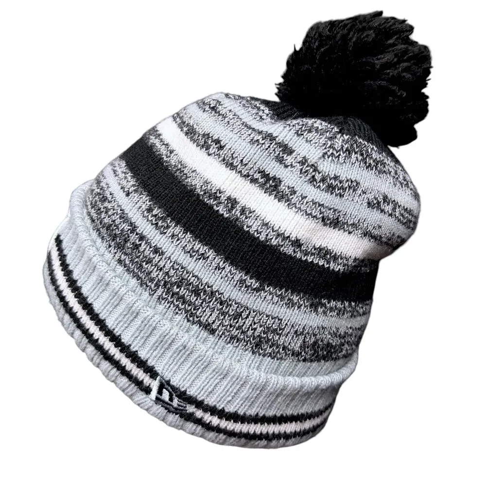 Las Vegas Raiders Knit Winter Hat Beanie New Era Pom Cap Gray Black Fleece Lined